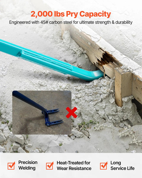 Monster Pry Bar With 52.5 Inch Carbon Steel Handle displaying prying capacity of 2000lbs used for concrete teardown and demolition.