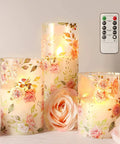 Three pink flameless candles with remote timer, flickering glass pillar candles for romantic vibes, surrounded by rose decor.