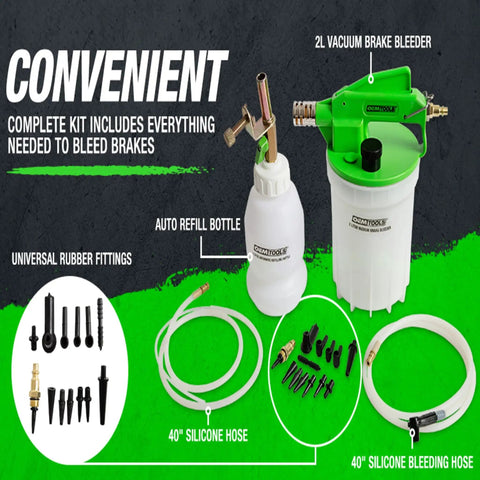 2L Vacuum Brake Bleeder Kit For One Person Operation, DIY Ready Pneumatic Bleeder Tool With Refill Bottle and hoses displayed
