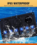 Waterproof 6 Gang Rocker Switch Panel For Boats And RVs With 12V/24V Power, cascading water and blue LED lights on panel.