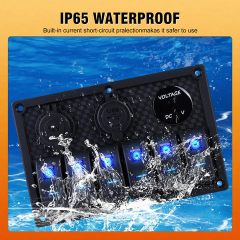Waterproof 6 Gang Rocker Switch Panel For Boats And RVs With 12V/24V Power, cascading water and blue LED lights on panel.