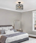 Crystal Semi Flush Mount Ceiling Light With 3 Lights in bedroom, 13 inch diameter, black matte finish, crystal drum design