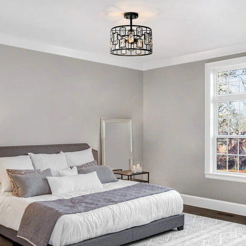 Crystal Semi Flush Mount Ceiling Light With 3 Lights in bedroom, 13 inch diameter, black matte finish, crystal drum design