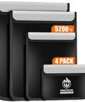 4 Pack Fireproof Document Bags Waterproof Safe Organizer Set With Legal Size 15x11 And A4 And Letter Size 12.7x9.8 For Home Office Travel Up To 5200F, showing four black bags stacked.