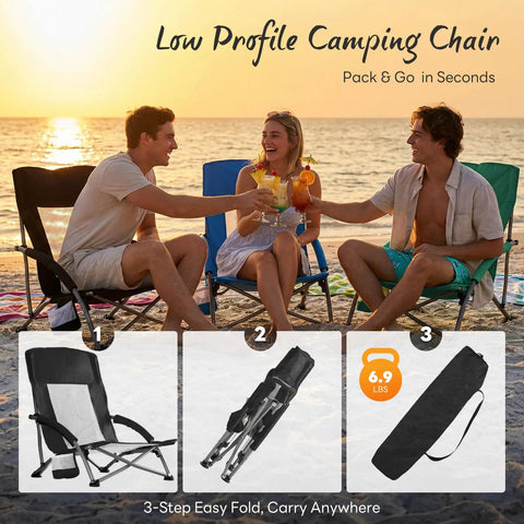 Three people on beach using Foldable Camping Beach Chair For Adults With Cup Holders, low profile high back, extra wide seat, black.