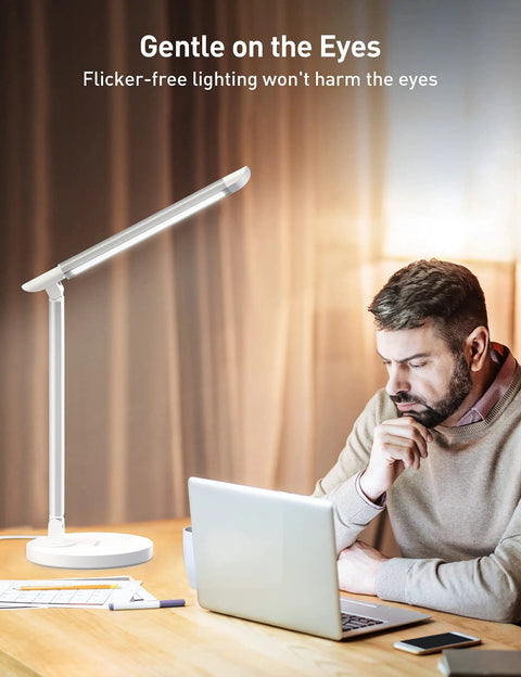 Dimmable Desk Lamp With USB Charging Ports, 10 Brightness Levels And 5 Color Temperature beside a man reading on a laptop.