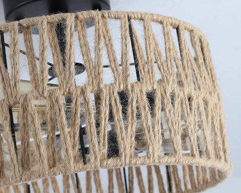Close-up of woven detail on Three Light Rustic Woven Flush Mount Ceiling Fixture with industrial metal finish for hallways.