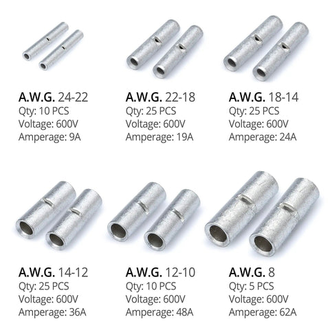 Non-Insulated Butt Connectors Kit 100 Pcs For 24-8 AWG Cu Wire Splice Connectors. Image of uninsulated crimp connectors.