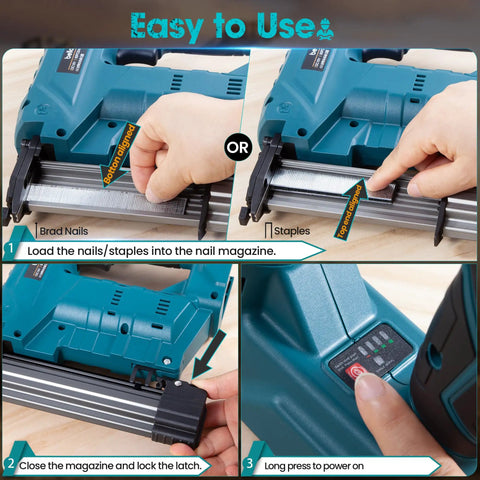 Badass Two In One Cordless Brad Nailer And Staple Gun Combo, showing nail loading process and user-friendly controls.