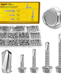 Self Tapping Screws Assortment Kit For Metal, 170-Piece Set In 410 Stainless Steel With Hex Washer Head, various screw sizes shown