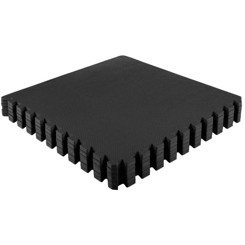 Stack of black Six Piece EVA Foam Floor Tile Set With Interlocking Pads 24 Sq Ft Coverage For Garage Home Gym Or Kids Playroom