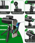 Instructional diagram showing setup of 80x100 HD Monocular Telescope With Smartphone Adapter And Tripod, highlighting assembly steps.