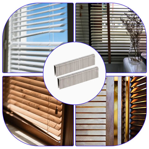 80 Piece Plantation Shutter Repair Kit With Rugged Stainless Steel Louver Staples for quick window treatment fixes displayed with wooden and vinyl blinds.