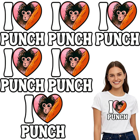 Dope Monkey Heart I Love Punchis Babys DTF Transfers Pack For T Shirts 7x7 Ready To Press shown on a model and in design pattern