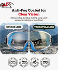 Comparison of OTG Safety Goggles Over Glasses, anti fog lenses with Tarantula logo, outdoors view.