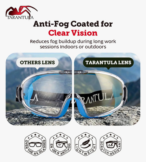 Comparison of OTG Safety Goggles Over Glasses, anti fog lenses with Tarantula logo, outdoors view.