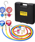 No Fuss Heavy Lifter Hvac Manifold Gauge Kit For R134a R410a R22 Refrigerant with color-coded hoses and hard case.