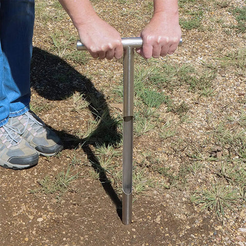 Person using Stainless Steel Soil Sampler Probe With 12 Inch T Handle For Quick Core Sampling In Garden Farm And Lawn Jobs No Fuss Easy Core Tool 304 Stainless Portable And Durable Soil Test Kit For Accurate Results