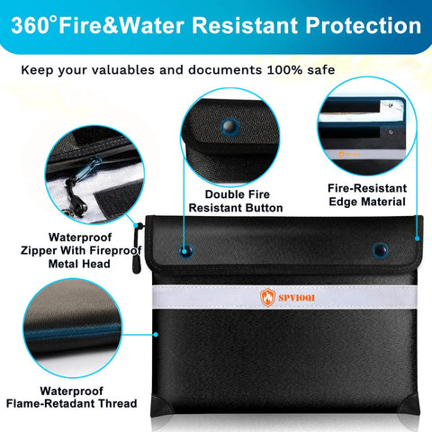 Detailed view of Ultimate 5200F Fireproof Document Bag with heat insulation, zipper, reflective stripe, fire-resistant and waterproof features.