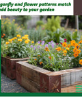 Hella Sturdy 4 Pack 8 Inch Corner Brackets For Raised Garden Bed With Wood Planter Box featuring dragonfly cutouts and vibrant flowers.