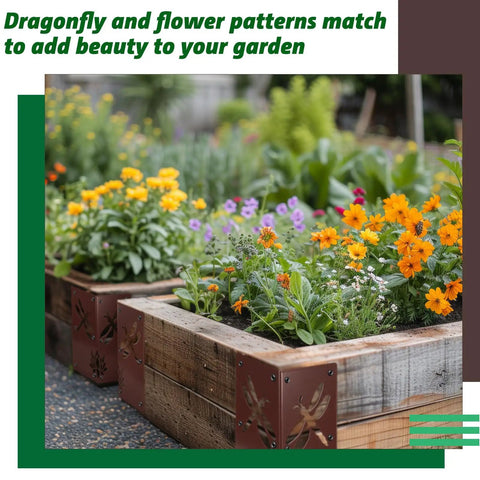 Hella Sturdy 4 Pack 8 Inch Corner Brackets For Raised Garden Bed With Wood Planter Box featuring dragonfly cutouts and vibrant flowers.
