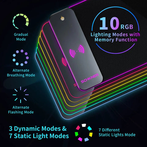 RGB Gaming Mouse Pad With 15W Wireless Charging, Massive 800x300x4mm Desk Mat showing 10 dynamic light modes and charging area