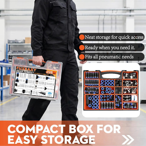 Top Notch 226Pcs Push Connect Air Fittings Kit With Nickel Plated Brass NPT And Metric Cross Adapters For Universal Pneumatic Tool Hookup In The Garage Or Shop, compact storage case