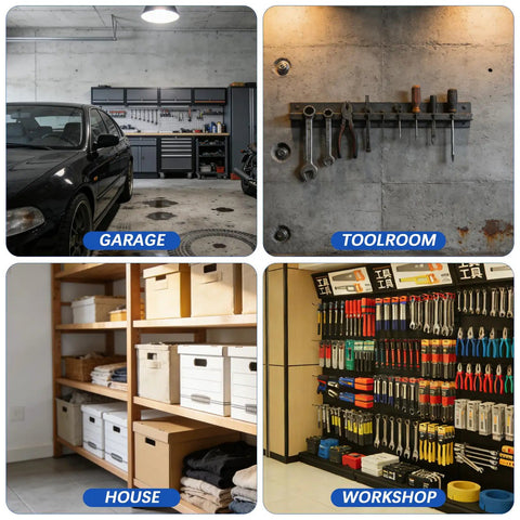 Collage of organized garage, toolroom with tools mounted on wall, tidy house shelves, and workshop with neatly displayed tools