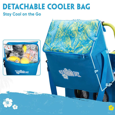 Two In One Beach Cart With Big Wheels For Sand Folding Utility Wagon With Chair Holder Cooler Bag Mesh Storage Four Cup Holders Umbrella Rack And 100 Lb Capacity For Beach Camping Picnics Palm Print featuring a detachable cooler bag with palm print design.