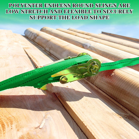 Two Pack Green Polyester Round Slings For Hoist And Towing, Endless Lifting Straps securing wooden beams