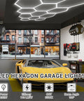 Hexagon Garage Light Ceiling Beam Beast Bright 11 Grid System 6500K Cool White LED installed in car shop with sports car