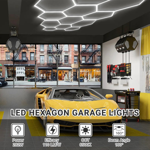 Hexagon Garage Light Ceiling Beam Beast Bright 11 Grid System 6500K Cool White LED installed in car shop with sports car