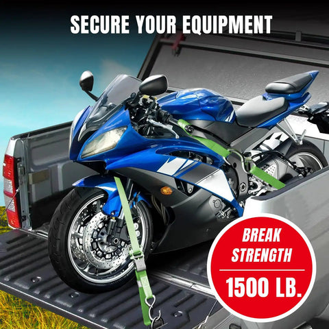 Heavy Duty Ratchet Tie Down Straps Workhorse Cinch Lockdown 1500 Lbs Break Strength 1 Inch By 15 Feet securing a motorcycle in a truck bed.