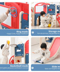 Toddler playing with 12 In 1 Toddler Outdoor Playset With Swing And Slide Indoor Outdoor Climber Playground For Toddlers 1 To 3 Durable Backyard Playset With Basketball Hoop And Ball Safe Fun For Home in storage and basketball modes.