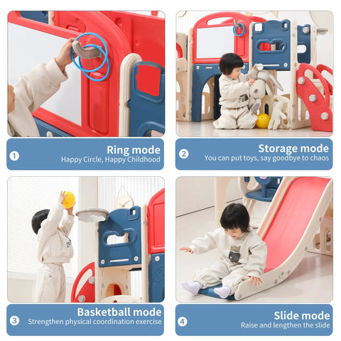 Toddler playing with 12 In 1 Toddler Outdoor Playset With Swing And Slide Indoor Outdoor Climber Playground For Toddlers 1 To 3 Durable Backyard Playset With Basketball Hoop And Ball Safe Fun For Home in storage and basketball modes.