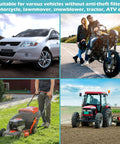 Yetofro gas siphon hose pump with 2 PVC hoses; manual fuel transfer; shown with car, motorcycle, lawn mower, tractor.