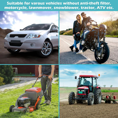Yetofro gas siphon hose pump with 2 PVC hoses; manual fuel transfer; shown with car, motorcycle, lawn mower, tractor.