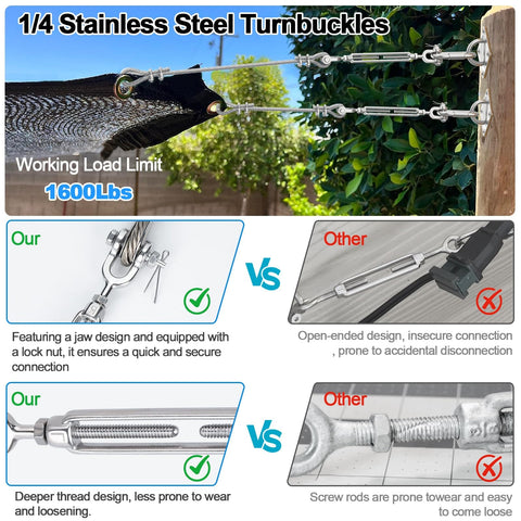Beefed Up Heavy Duty One Quarter Inch Wire Rope Kit With Fifty Foot Stainless Cable and Hardware for tensioning shade sail