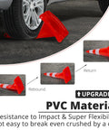 Ten Pack 28 Inch PVC Traffic Cones With Reflective Collars for Parking Lots Roadwork; impact resistance and flexibility shown under car tire