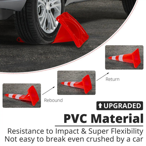 Ten Pack 28 Inch PVC Traffic Cones With Reflective Collars for Parking Lots Roadwork; impact resistance and flexibility shown under car tire