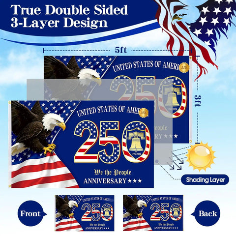 All American 250th Anniversary US Flag 3x5 Ft Double Sided Heavy Duty 3 Layer Semiquincentennial Banner 1776 2026 design details