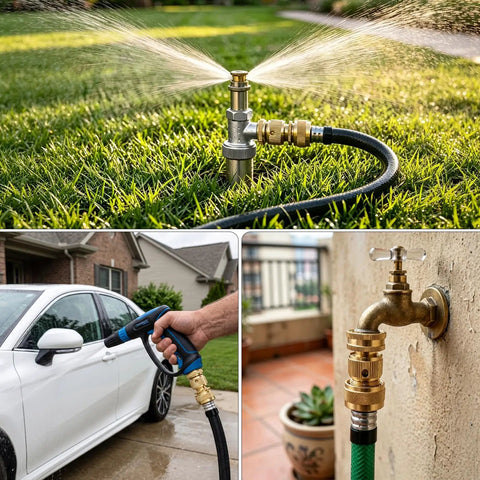 Premium Brass Garden Hose Quick Connectors 3/4 Inch GHT Repair Kit With Male Female Couplers And Washers To Fix Leaky Hoses Fast Without Tools Perfect For Yards And Sprinklers on sprinkler and hose connections