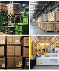 ForraFun Lift Here decals, 5x2 in, bright yellow with black arrows; shown on pallets, crates, and machinery.