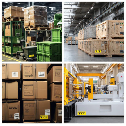 ForraFun Lift Here decals, 5x2 in, bright yellow with black arrows; shown on pallets, crates, and machinery.