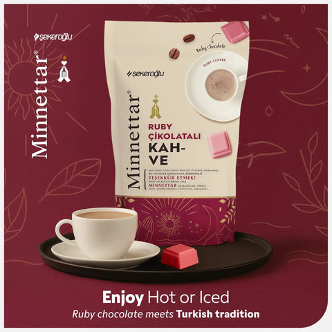 Package of Ruby Chocolate Instant Turkish Coffee Blend and a cup on a tray, 165g for hot or iced coffee, cezve compatible.