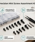 No Fuss Miniature Self Tapping Screw Assortment Kit With 1000 Carbon Steel Pan Head Fasteners In M1 Through M1.7 Sizes in storage box