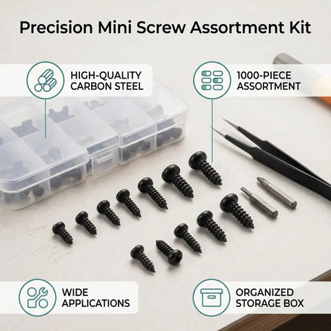 No Fuss Miniature Self Tapping Screw Assortment Kit With 1000 Carbon Steel Pan Head Fasteners In M1 Through M1.7 Sizes in storage box