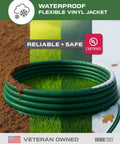 Weatherproof 75 Ft Outdoor Extension Cord 16/3 SJTW heavy duty green cord coiled on grass and snow showing durability.