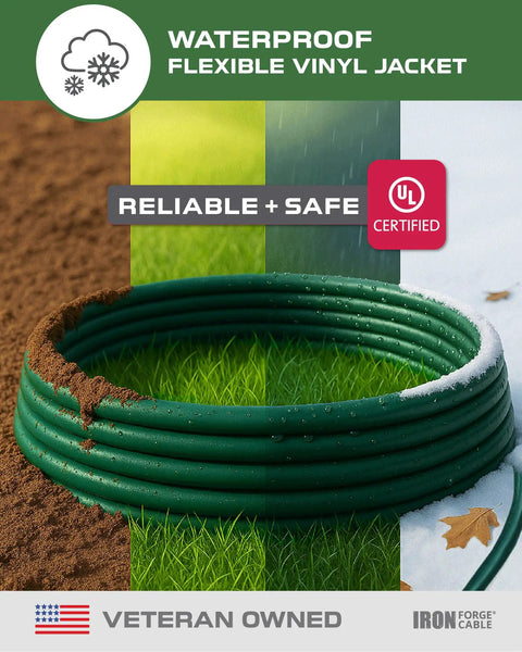 Weatherproof 75 Ft Outdoor Extension Cord 16/3 SJTW heavy duty green cord coiled on grass and snow showing durability.