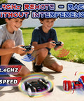 Children playing with Remote Control Spider Car 4WD With 360 Degree Flips Double Sided Drift Monster Truck Style LED Lights